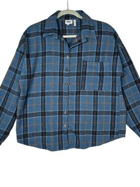 BKE Plaid Flannel Boyfriend Shirt L Blue Teal Coastal Cowgirl Cabincore Soft